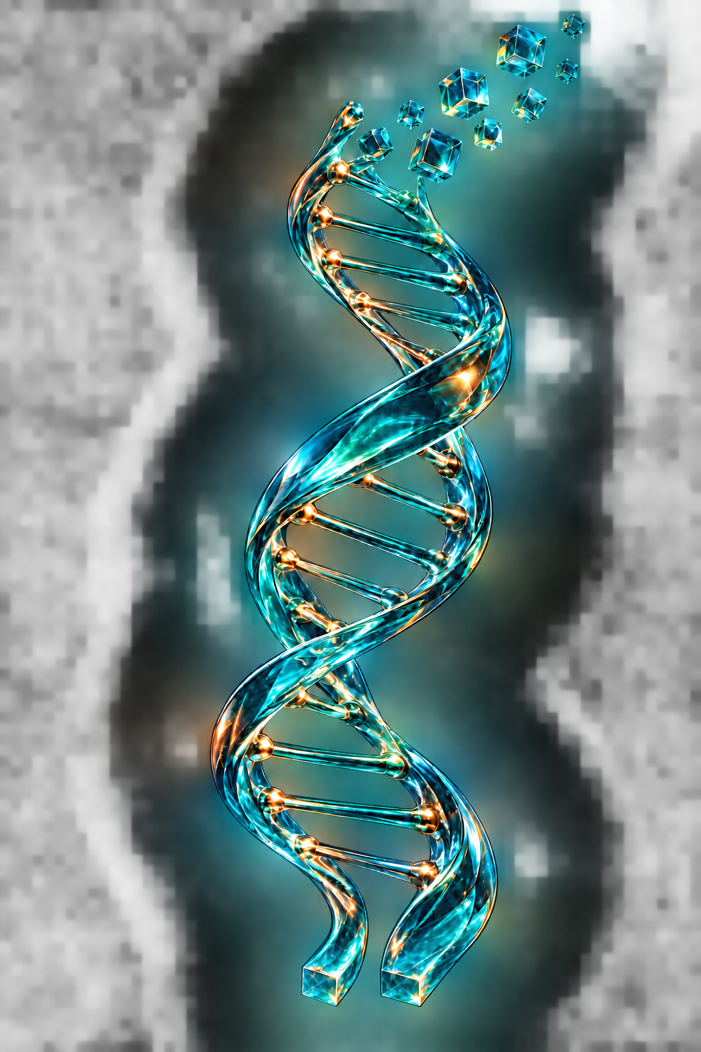 Three-turn crystalline teal DNA helix with emerging glass building blocks